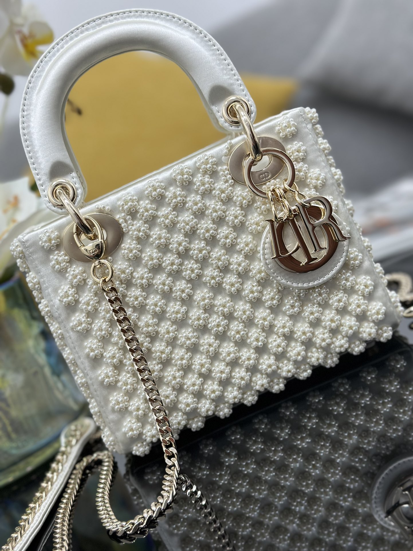 Mini Lady Dior Bag White Satin Embroidered with Pearl Flower